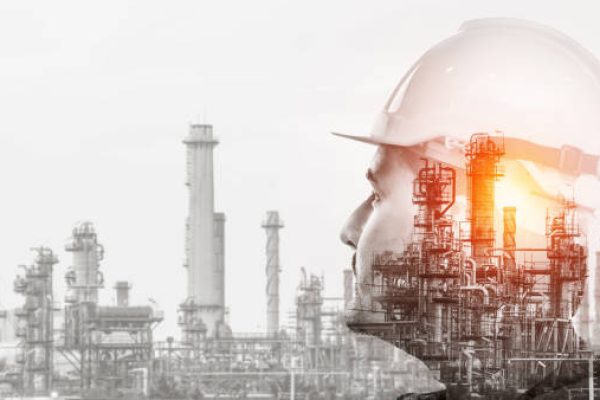 Future factory plant and energy industry concept in creative graphic design. Oil, gas and petrochemical refinery factory with double exposure arts showing next generation of power and energy business.